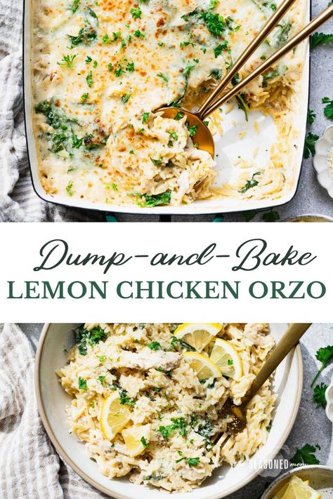 This creamy dump-and-bake lemon chicken orzo is an easy dinner with just 10 minutes of prep. You don’t even have to boil the pasta before the casserole goes into the oven! Orzo Chicken Casserole Recipes, Dump And Bake Chicken Casserole Recipes, Baked Lemon Chicken Orzo, Dump And Bake Meals Easy Dinners, Chicken Casserole Meal Prep, Lemon Chicken Pasta Casserole, Lemon Chicken Orzo Casserole, Orzo Baked Chicken, Orzo Chicken Recipes Healthy