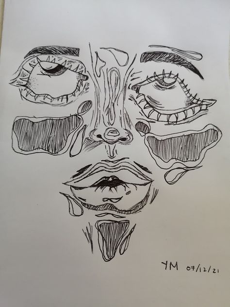 Abstract Face Drawing Sketch, Indie Face Drawing, Pen Face Sketch, Messy Pencil Sketches, Messy Pen Drawings, Messy Face Sketch, Messy Drawings Sketches Aesthetic, Funky Face Drawings, Trippy Pen Art