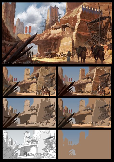 Environment Concept Art Step By Step, House Digital Painting, How To Draw Concept Art, How To Draw Backgrounds Landscapes, Background Illustration Tutorial, Digital Landscape Illustration, Prop Design Visual Development, Digital Painting Step By Step, Concept Art Process