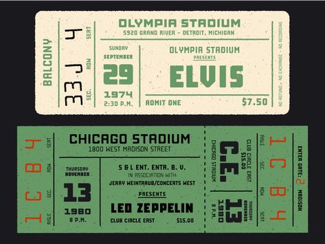 70s Concert Tickets, Vintage Ticket Template, Theater Ticket Design, Vintage Concert Tickets, Vintage Ticket Design, Concert Tickets Design, Concert Ticket Aesthetic, Ticket Design Vintage, Ticket Graphic Design