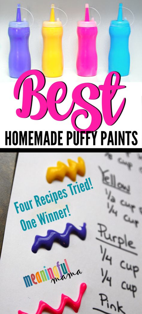 4 puff paint recipes tried. After being unsatisfied with the results, I created my own recipe, which is the best homemade puffy paint recipe I have found. This is a great craft for kids of all ages, including preschoolers, kindergarteners and older kids. #craftswithkids #activitiesforkids #homemadepaint #diy #diykids #puffypaint #puffpaint #playrecipes Diy Puff Paint Shirt, Diy Puffy Paint Recipe, How To Make Puffy Paint For Kids, How To Make Puffy Paint, Puff Paint Art, Puff Paint Ideas, Puff Paint Recipe, Puffy Paint Ideas, Diy Puff Paint