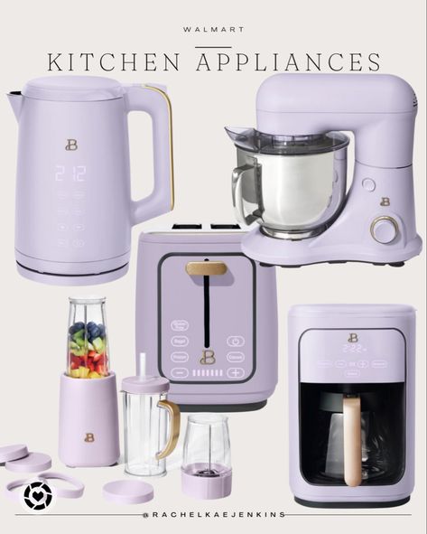 Walmart kitchen appliances, purple, electric kettle, toaster, mixer, personal blender, coffee maker Blue And Purple Kitchen Ideas, Lilac Kitchen Ideas, Lilac Kitchen Accessories, Purple Aesthetic Kitchen, Purple Kitchen Decor Ideas, Lilac Kitchen Decor, Pastel Kitchen Appliances, Purple Home Aesthetic, Lilac Apartment