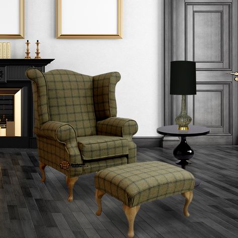 Chesterfield Edward Queen Anne Wool Tweed Althrop Topaz Wing Chair Fireside High Back Armchair + Footstool HI Wing Chair Upholstery, Armchair Footstool, Tartan Chair, Scottish Interiors, Chesterfield Furniture, Queen Anne Chair, Chair Drawing, High Back Armchair, Fireside Chairs