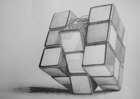 Cube 3d Drawing, Cube Drawing Sketch, 3d Shapes Art, Simple 3d Drawing, Rubiks Cube Art, Tonal Drawing, Geometric Shapes Drawing, Rubik Cube, Shading Drawing