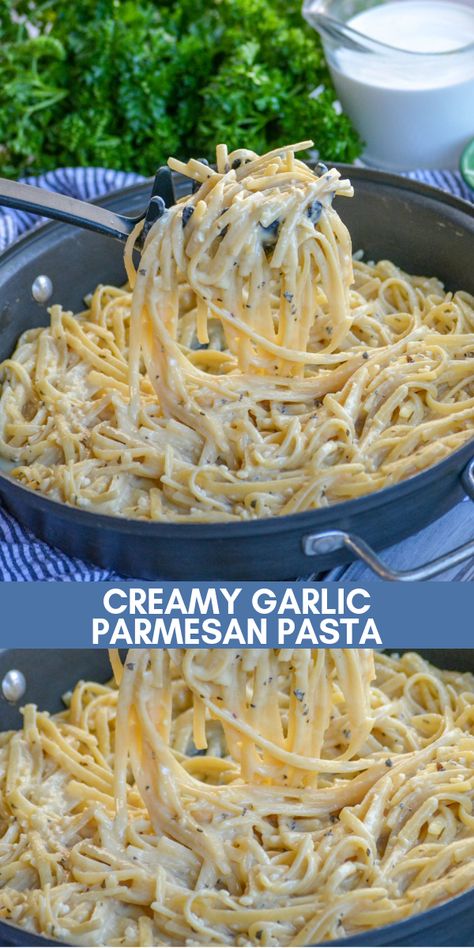 Our creamy garlic Parmesan pasta is a quick 20 minute meal. It’s fast fix, it’s super creamy, and it’s just flat out delicious. It’s a simple pasta dish perfect for lunch or dinner. Put this on your dinner menu now! #pasta #garlicparmesanpasta #pastadish #dinnerrecipe Dinner Ideas Noodles Pasta, Lunch Ideas For The Family, Parmesan Recipes Pasta, Pasta With Creme Fraiche Recipe, Easy Meals For Dinner Pasta, Family Dinner Recipes Pasta, Easy Creamy Noodles, Quick Tasty Dinners, Dinner Last Minute