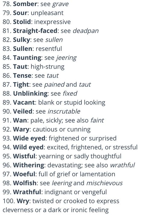 Facial Expressions Master list writing, books, tips, tools  81-100 Facial Expressions In Writing, Words For Facial Expressions, How To Write Facial Expressions, Facial Expressions Description, How To Describe Facial Expressions, Facial Expressions For Writing, Writing Lyrics Tips, Words For Expressions, Facial Descriptions Writing