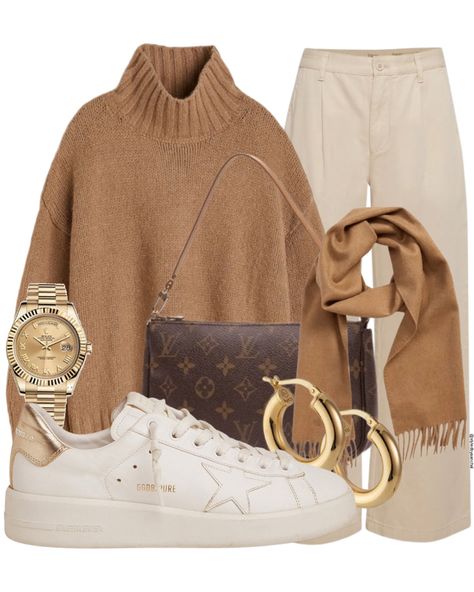 Hm, camel sweater, winter style, winter outfit, neutrals Camel Turtleneck Sweater Outfit, Trainers Outfit Winter, Camel Turtleneck Outfit, Camel Sweater Outfit Winter, Winter Brown Outfit, Brown Style Outfit, Oatmeal Outfit, Winter Getaway Outfits, Creamy Outfit