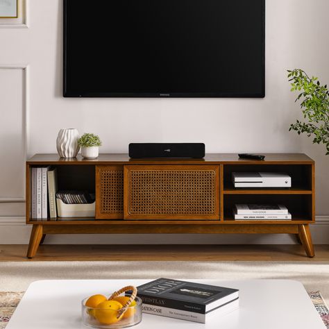 Description: Elevate your living space with this charming 59-inch mid-century modern rattan TV stand, designed to accommodate up to 65-inch TVs. Tv Cabinet With Storage, Rattan Tv Stand, 65 Inch Tv, Mid Century Modern Tv Stand, Wooden Tv Cabinet, Entertainment Cabinet, Solid Wood Cabinets, Storage Credenza, Tv Stand Wood