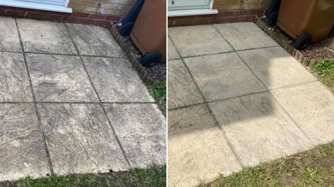 How to clean a patio without pressure washer: £5 solution leaves slabs sparkling How To Clean Balcony Floor, Patio Cleaning Tips, How To Clean Concrete Patio, Patio Cleaning, Sandstone Pavers, Clean Concrete, Clean Patio, Terrace Floor, Powder Laundry Detergent