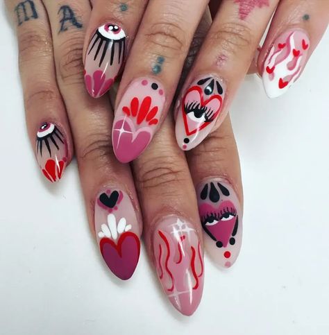 Elevate your Halloween nail game with these effortlessly cool Halloween nails! From spooky to chic, we've got the perfect nail designs for your ghoulishly glamorous look! Rbd Inspired Nails, Nails Done Aesthetic, Edgy Halloween Nails, Alternative Nails Designs, Sacred Heart Nails, Valentines Tattoos, Tarot Nails, Art Deco Nail Art, Quirky Nails