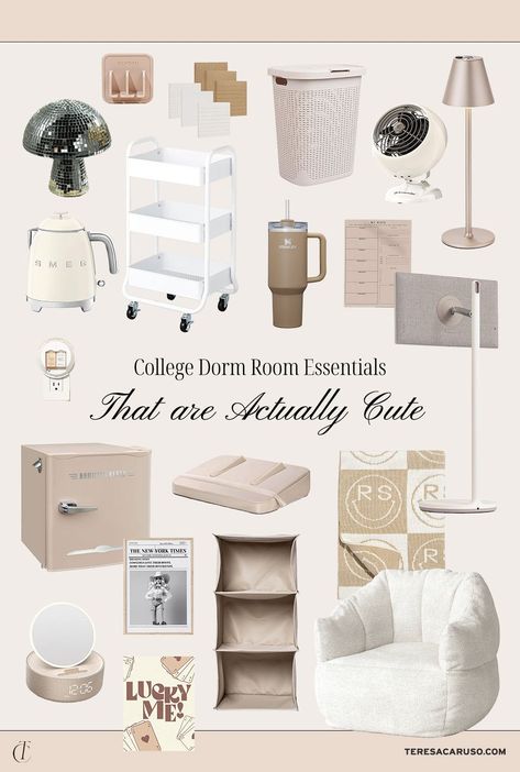 Collage Dorm Room Essentials, Bedroom Ideas For Dorm Rooms, Fancy Dorm Room Ideas, Dorm Room Kitchen Essentials, Aesthetic Items For Room, Amazon Dorm Room Must Haves, Things You Must Have In Your Room, Amazon Dorm Decor, Cream Dorm Room Ideas