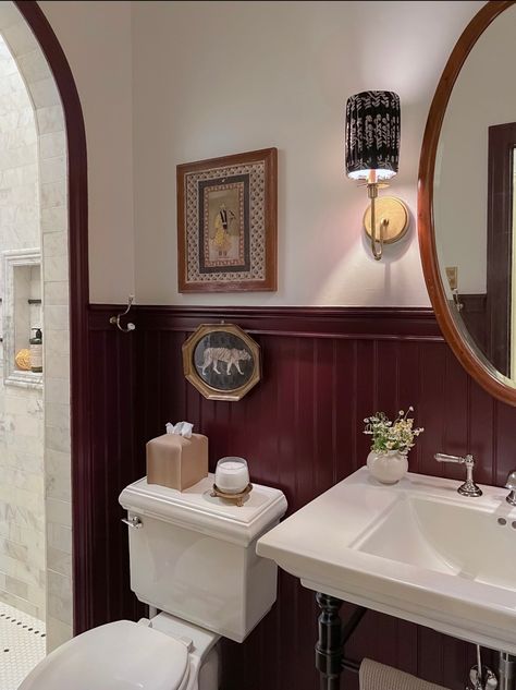 Guest Bathroom Remodel - Vintage Bathroom Makeover, Guest Bathroom Remodel Ideas, Vintage Bathroom Decor Ideas, Maroon Bathroom, Full Bathroom Renovation, Burgundy Bathroom, Moody Vintage, Guest Bathroom Remodel, Bathroom Red