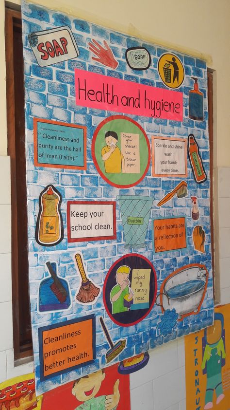 Health and hygiene Health Hygiene Posters, Cleanliness And Hygiene Poster, Hygiene Board Ideas, Health And Cleanliness Poster, Health Corner Classroom Display, Poster About Cleanliness In School, Cleanliness Project For School, Hygiene Station Classroom, Health And Hygiene Posters For School