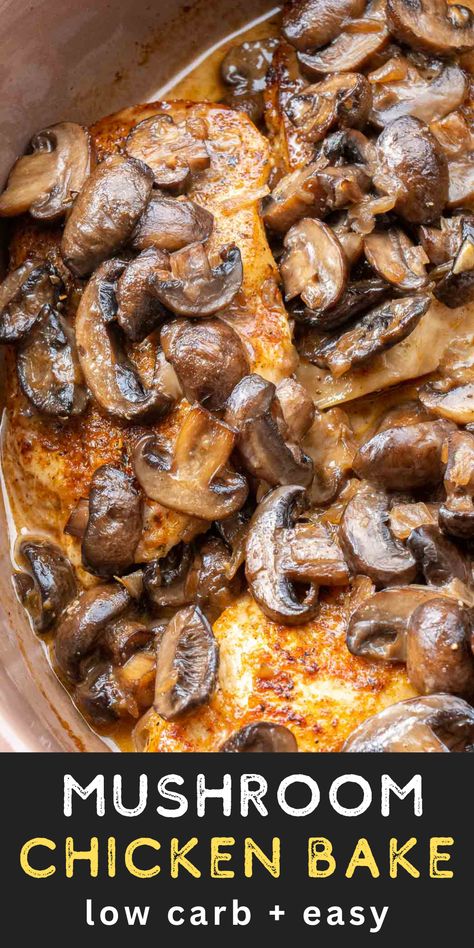 This Mushroom Chicken is a family favorite! Seasoned chicken breasts are smothered in a creamy mushroom sauce and baked until they are tender and juicy! This recipe is naturally low-carb, but it can be enjoyed over pasta, rice, or mashed potatoes if desired! Mushroom Chicken Keto, Healthy Chicken With Mushrooms, Meals Using Mushrooms, Chicken And Mushroom Dinner Ideas, Low Carb Chicken Mushroom Recipes, Chicken And Mushroom Recipes Skillet, Keto Mushroom Chicken Recipes, Baked Mushroom Chicken Clean Food Crush, Healthy Chicken And Mushrooms