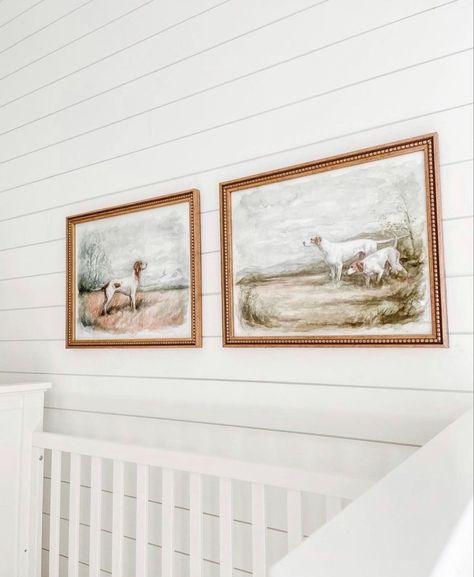 Vintage style English hunting dogs for nursery or baby room decor Traditional Woodland Nursery, Old English Hunting Decor, Hunting Dog Themed Nursery, Pointer Dog Nursery, Vintage Hunting Photos, Antique Hunting Nursery, Bird Hunting Nursery, Old Timey Nursery, Above Crib Art