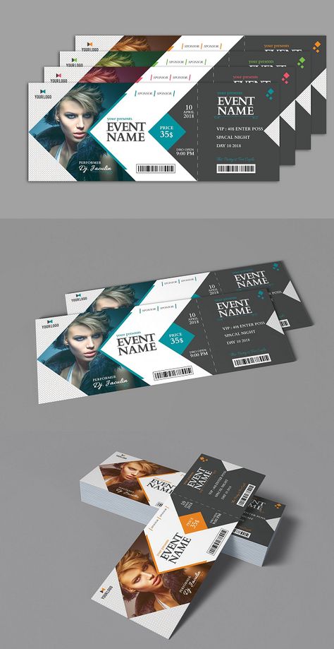 Even Ticket A creative, modern and corporate Even Ticket. Easy to change colors, text, photos & Fully editable. 04 different Coloured Design. Fully layered PSD files included. FEATURES: 04 color design Fully customizable 300 DPI All Graphic Resizable and Editable Conference Ticket Design, Raffle Ticket Design, Event Ticket Design Creative, Ticket Event Design, Ticket Design Ideas, Event Ticket Design, Tickets Design, Ticket Design Template, Layout Print