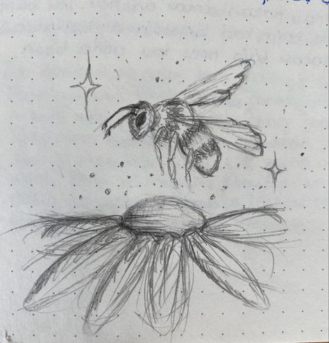 Bee and flower, bee, easy drawing ideas, drawing bee, flowers, drawing ideas, simple drawing Bee In Flower Drawing, Flowers And Animals Drawing, Easy Drawing Realistic, Flower Drawing Inspo Sketch, Bees On Flowers Drawing, Bumble Bee Sketch Simple, How To Draw Bee Wings, Flying Bee Drawing, Advance Drawing Ideas