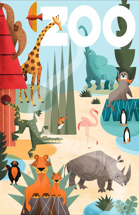 Zoo Poster Patchwork, Zookeeper Illustration, Book Illustration Styles, Zoo Poster Design, Wild Animals Illustration, Zoo Illustration, Zoo Poster, Zoo Drawing, Poster Design Illustration