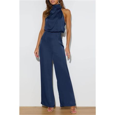 95% Polyester5% Spandex Hand Wash Only Sizes=Us(4-6), M=Us(8-10), L=Us(12-14), Xl =Us(16-18). This Elegant Jumpsuit Is Lightweight Satin Fabric, Soft, Comfy, And Slightly Stretchy, Providing You With All-Day Comfort. Featuresrompers For Women Dressy, Sleeveless One-Shoulder, Satin Look/Feel, Halter Neck, Elastic High Waist, Back Single Row Of Two Buttons, Invisible Zip At Back, Straight Wide Leg, Non-Lined. Fashion Designthe Cowl Neck Jumpsuit Adopts An Irregular Sleeveless With A One-Shoulder D Blue Wedding Jumpsuit, Dark Blue Suit For Women, Navy Blue Jumpsuit Outfit, Blue Jumpsuit Outfit, Champagne Jumpsuit, Blue Jumpsuits Outfit, Dressy Jumpsuit Wedding, Cowl Neck Jumpsuit, Formal Rompers