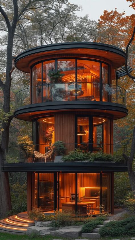 Pluralism in Futuristic Houses|Futuristic Treehouse Homes Modern, Tree Inspired Architecture, House Tower Design, Home Structure Design, Futuristic Cabin, Cylinder House, Tiny House Decorating Ideas, Houses Futuristic, Futuristic House Interior