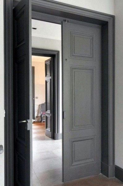 Top 50 Best Interior Door Trim Ideas - Casing And Molding Designs Dark Interior Doors, Interior Door Trim Ideas, Interior Door Trim, Painted Interior Doors, Trim Ideas, Dark Trim, Porte Decorate, Grey Doors, Appartement Design