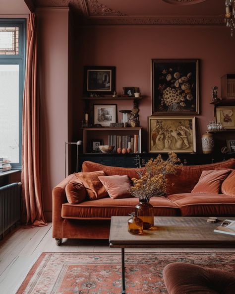 color drenched room in a rust color with velvet couch and velvet curtains Basement Woman Cave Ideas, Decorating With Colour, Vintage Salon Style, Moody Room With White Walls, Vintage Inspired Furniture, Vintage Salon Living Room, Plum Walls Living Room, Living Room Vintage Aesthetic, Corner Fireplace Library