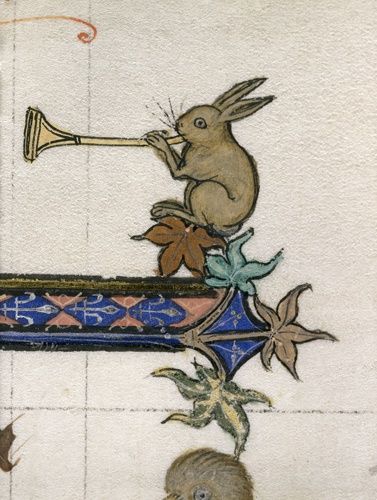 Rabbit blowing a horn. Among the marginal creatures populating medieval manuscripts musical animals are fairly common. Era Medieval, Killer Bunny, Medieval Drawings, Medieval Artwork, Illustrated Manuscript, Medieval Aesthetic, Medieval Books, Medieval Paintings, Esoteric Art