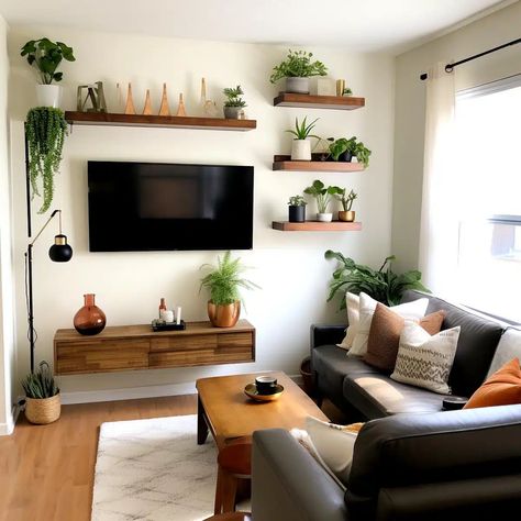 11 Creative Small Living Room Ideas with TV on Wall to Enhance Your Space - HearthandPetals Small Living Room Ideas With Tv, Mirrors Hanging, Cozy Textiles, Bedroom Inspiration Cozy, Glamorous Living Room, Saving Techniques, Small Living Room Furniture, Floating Shelves Living Room, Shelves Floating