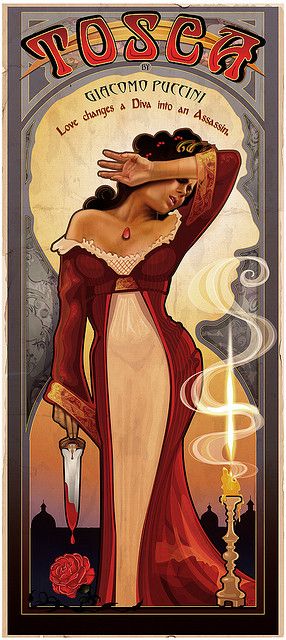 Mucha Style - " #Tosca" Illustration in style of "Alphonse Mucha" by "Echo Chernik" Alphonse Mucha, Vintage Italian Posters, Opera Music, Italian Posters, A Night At The Opera, Plakat Design, Theatre Poster, Opera Singers, Poster Vintage