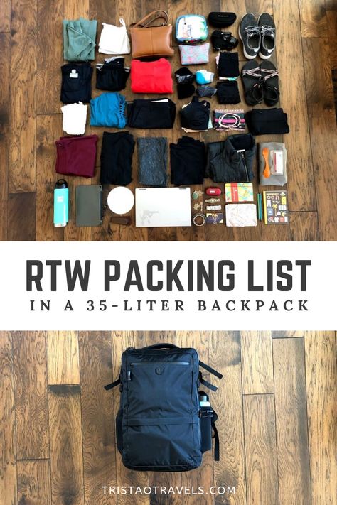 Everything I packed in my 35L backpack for a one-year trip around the world. More details and a downloadable packing list available at tristaotravels.com. Santiago, Ten Day Packing List, Packing For Long Term Travel, Packing For 2 Weeks In A Backpack, Capsule Wardrobe Packing List, One Backpack Travel, Backpacking Packing List Women, Packing For 6 Months Travel, Rick Steves Packing List For Women