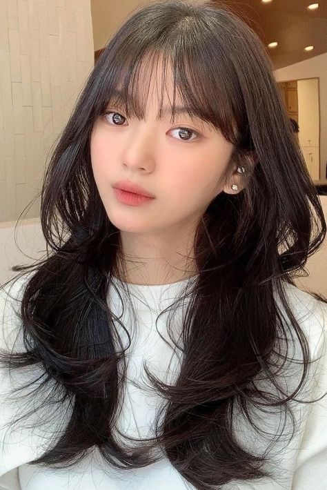 Layered Hush Haircut, Korean Long Hush Haircut, Wof Cut Hair Long, Medium Hush Cut With Bangs, Hush Cut Front View, Wolf Cut With Bangs Long, Hush Cut Hair Medium With Bangs, Hush Layered Cut, Hush Cut With Wispy Bangs