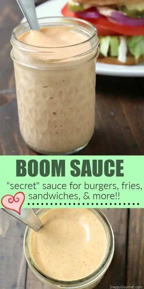 Boom Sauce - delicious homemade burger, french fry, sandwich, onion ring, etc. sauce! Boom Sauce Recipe, Boom Sauce, Fry Sauce Recipe, Burger Sauces Recipe, Best Sauce Recipe, Homemade Burger, Easy Burgers, Onion Ring, Sandwich Sauces