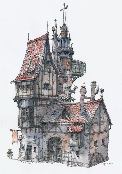 Fantasy watercolor building painting, realistic detailed watercolor building architecture. House In Watercolor, Building Studies Drawing, Fantasy Drawings Buildings, Fantasy Architecture Sketch, Detailed Building Drawings, Fantasy Building Drawing, Arcitature Art, Fantasy Architecture Drawing, Cool Buildings To Draw