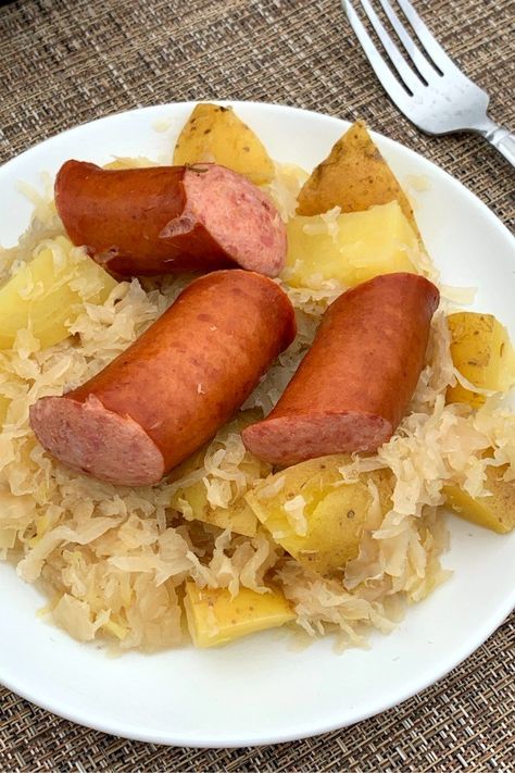 Instant Pot Sauerkraut and Sausage - Plowing Through Life Essen, Sausage Sauerkraut Potatoes Instant Pot, Instant Pot Brats And Sauerkraut, Kielbasa And Sauerkraut Instant Pot, Kilbasa Sausage Instapot, Sausage And Sauerkraut Instant Pot, Sauerkraut Sausage And Potatoes, Polish Sausage Instant Pot, Instant Pot Polish Sausage Recipes