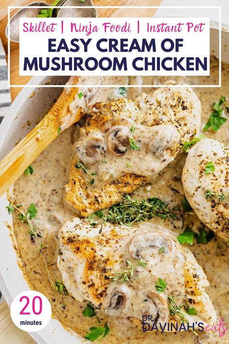 Make Cream of Mushroom Chicken using a skillet, the Ninja Foodi or an Instant Pot using this easy recipe. It's perfect for those looking for quick, one-pot weeknight dinners. Great for low-carb and keto. Ready in 20 minutes. Uses leftover keto cream of mushroom soup or canned soup. #chickenrecipes #ketorecipes #dinner #chickendinner #lowcarbrecipes #healthydinner #lowcarb #keto #quickmeals #easyrecipes Chicken With Mushroom Soup, Keto Cream Of Mushroom Soup, Keto Cream Of Mushroom, Recipe With Cream Of Mushroom Soup, Keto Skillet, Cream Of Mushroom Chicken, Recipes Popular, Keto Casseroles, Canned Soup