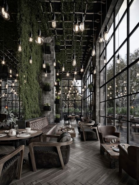 Hanging Edison Lights Restaurant, Calm Street Cafe, Modern Restaurant Design, Café Design, Street Cafe, Coffee Shop Interior Design, Bar Interior Design, Cafe Shop Design, Coffee Shops Interior