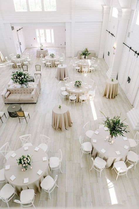 All White Wedding Venue Receptions, Mixed Seating Wedding Receptions, White Bar Decor Wedding, Ivory And Gold Bridal Shower Ideas, Wedding Venue Tables, Wedding Cocktail Reception Ideas, White Farm Table Wedding, Indoor Wedding Simple, Cocktail Party Layout