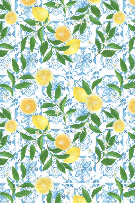 Blue Mediterranean Wallpaper, Italian Tile Wallpaper, Mediterranean Tile Pattern, Lemons Wallpaper Iphone, Mediterranean Background Wallpaper, Italian Pattern Wallpaper, Italy Inspired Wallpaper, Italian Prints Pattern, Blue Tiles And Lemons Theme