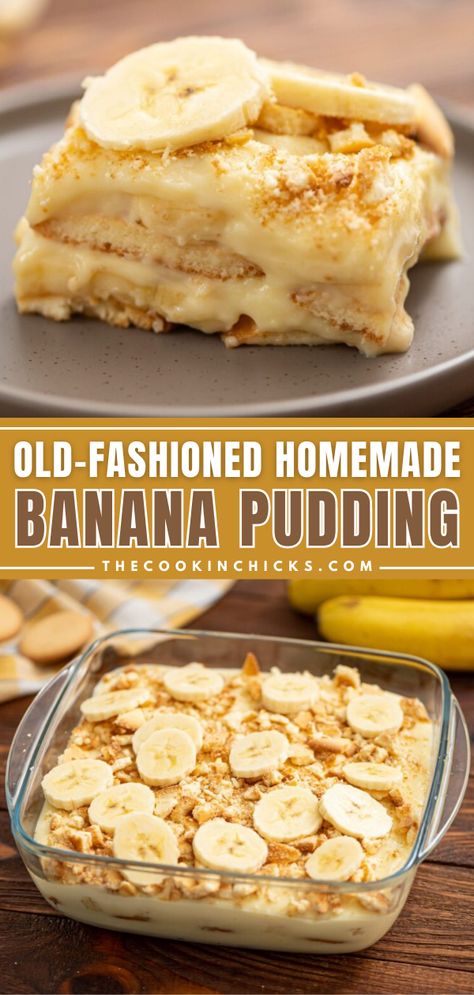 Old-Fashioned Homemade Banana Pudding from scratch is a quick and easy dessert. Rich and creamy vanilla pudding, combined with layers of crunchy vanilla wafers and perfectly ripe bananas. Easy to assemble and packed with flavor, this is a favorite at any gathering, potluck, picnic, or Holiday! Oatmeal Cookies Banana, Banana Cake Recipe Moist, Pudding Recipes Homemade, Cookies Banana, Cake Recipe Moist, Banana Smoothies, Smoothies Recipe, Banana Pudding Desserts, The Cookin Chicks