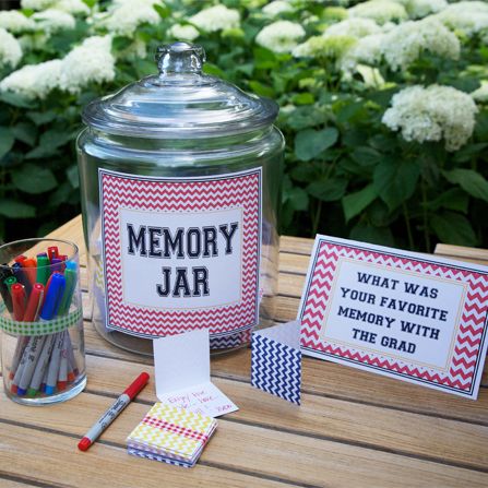 What's your favorite memory with (or of) the grad? Memory jar Birthday 16, High School Graduation Party Decorations, Senior Graduation Party, 18th Bday, Graduation Party High, Graduation Open Houses, Graduation Party Diy, Memory Jar, Graduation Party Planning