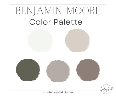 Forest Green and Taupe Paint Color Palette is a perfect blend of warm earthy tones. All five Benjamin Moore paint colors are carefully selected to take the guesswork out of refreshing your home, all you have to do is buy the paint and paint the rooms! This design concept entails a paint color palette with the 5 coordinating paint colors seen above. Once you make your purchase, you'll receive an instant  download which will include the paint brand names, color names and numbers for the colors you Benjamin Moore Old Montreal, Mocha Brown Paint Color, Benjamin Moore Taupe Colors, Muted Green Color Palette, Color Palette Benjamin Moore, Taupe Color Palettes, Coordinating Paint Colors, Taupe Paint Colors, Benjamin Moore Paint Colors