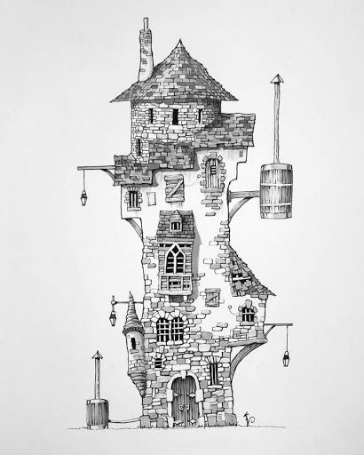 Design Stack: A Blog about Art, Design and Architecture: Fantasy Ink Architecture Designs Drawing Fantasy Art Sketches, Ink Architecture, Drawing Ideas Pencil, Ink Drawing Techniques, Pencil Creative, Building Sketch, Building Drawing, Pen Art Drawings, Architecture Drawing Art