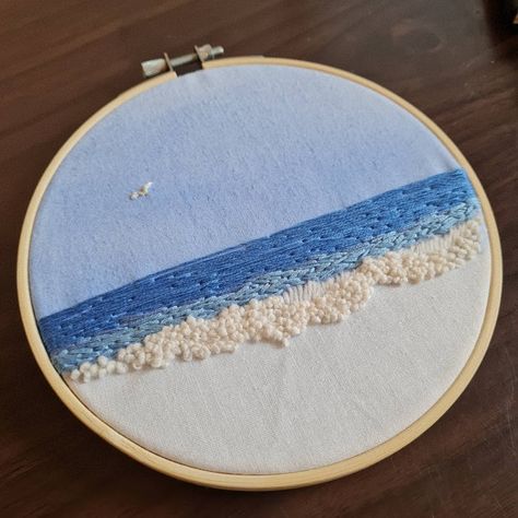 Layered Fabric Embroidery, Ocean Waves Embroidery, Beach Hand Embroidery, Beach Sunset Embroidery, Ocean Embroidery Simple, Unique Cross Stitch Patterns Free, Embroidery Landscape Easy, Landscape Embroidery Patterns, Ocean Embroidery Patterns