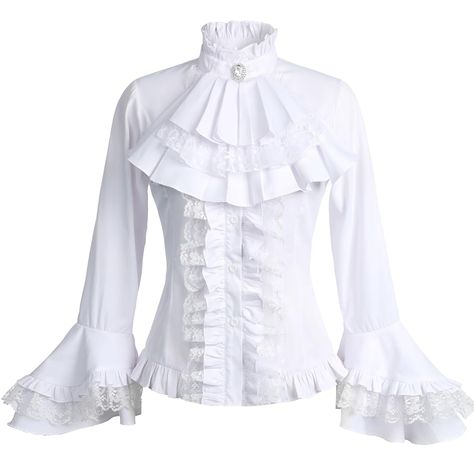 PRICES MAY VARY. This white blouse is made from a cotton blend fabric and the black blouse is made from Chiffon fabric embellished with charming lace, this blouse is high quality but non-stretchy and smooth to the touch for a comfortable fit. The Vintage Victorian lace lolita blouse features a stand-up collar, detachable tie, lovely flared long sleeves with lace and ruffles accents, button closure, and lace-up back adjustment Inspired by the romantic Victorian era, this women's blouse exudes tim Victorian Shirts Women, Flounce Sleeve Blouse, Victorian Style Blouse, Victorian Era Fashion Woman, White Gothic Clothes, Fyodor Inspired Outfit, Different Types Of Shirts For Women, Victorian Shirt Women, Fancy White Shirt