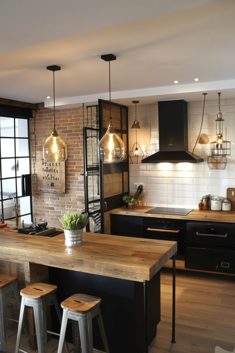 37 Kitchens That Craft Industrial Elegance with Scandinavian Flair Industrial Kitchen Design White, Industrial Look Kitchen Inspiration, Classic Industrial Kitchen, Scandinavian And Industrial Interior, Industrial Interior Design Home, Brick Industrial Kitchen, Industrial Earthy Kitchen, Utilitarian Kitchen Design, Elegant Industrial Interior