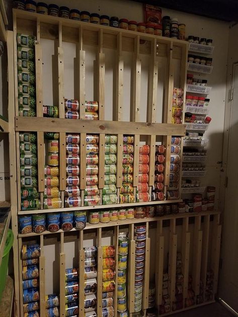 Storage For Cans In Pantry, Canned Goods Storage Ideas, Canned Food Shelves, Wall Mounted Can Storage, Basement Food Storage Shelves, Home Food Storage, Pantry Canned Goods Storage, Canned Goods Pantry Organization, Canned Food Storage Pantry