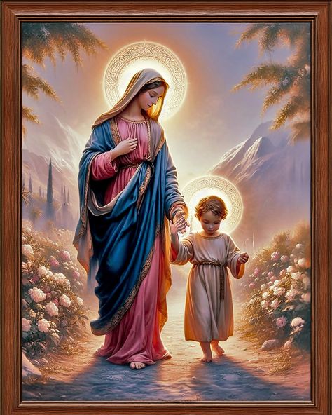 Mother Mary walking child Jesus, a poster digital download on my Etsy shop #maryandjesusart #christianart #etsyshopowner Baby Jesus Statue, Mary Jesus Mother, Mother Mary Pictures, Jesus Cartoon, Virgin Mary Art, Jesus Mother, Madonna Art, Mother Mary Images, Jesus Christ Artwork