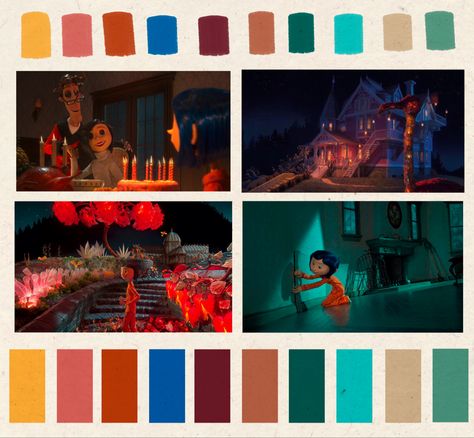 Jewel toned Color palette for 2009 film Coraline The Shining Color Palette, Coraline Colour Palette, Scary Movie Color Palette, Color Palette For Animation, Film Color Palette Colour Schemes, Movie Scene Color Palette, Animation Colour Palette, Into The Spiderverse Color Palette, Movie Pallets Color Palettes