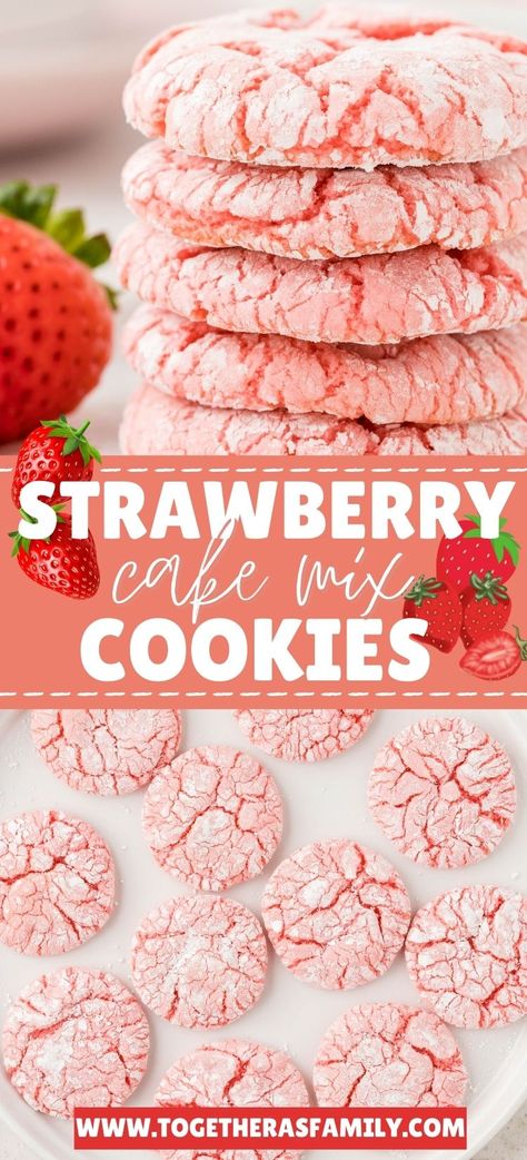 Strawberry Cake Mix Cookies only need 5 ingredients! Soft-baked strawberry cookies, that start with a cake mix, are rolled in powdered sugar and then baked. They get perfect sweet crinkly tops while they bake in the oven. Cookies With Strawberry Cake Mix Boxes, Strawberry Pound Cake Cookies, Strawberry Cake Mix Cookie Recipes, Desserts To Make With Box Cake, Cakebox Cookies Strawberry, Cookie Recipes Made From Cake Mixes, Cake Box Cookies With Cool Whip, What To Do With Strawberry Box Cake, Strawberry Cookies With Cake Mix Boxes