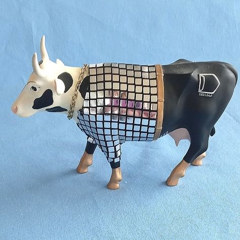 Cow Parade #9134 Disco Cow RETIRED 2001 Cow, Statue, Birthday Decorations Disco, Cricut Birthday Decorations, Mirror Jacket, Cow Parade, Cricut Birthday, Birthday Decorations, Gold Chain